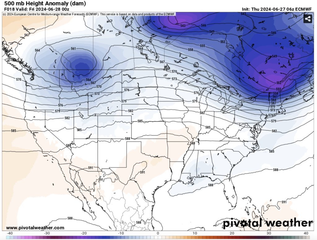 500mb Height Anomaly for 0Z 6/28/24 indicating a disturbance centered over Montana via Pivotal Weather.