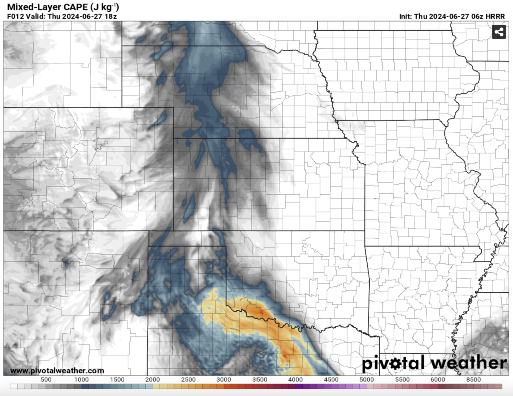 Mixed Layer CAPE for 18Z 6/27/24 indicating higher levels in the eastern plains of CO, TX, KS, NE, and OK via Pivotal Weather.