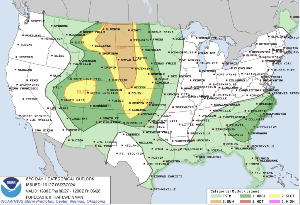 Day 1 Convective Outlook for 6/27/24 indicating a Marginal-Enhanced Risk area over Colorado particularly over the far northeast corner. Courtesy of the SPC.