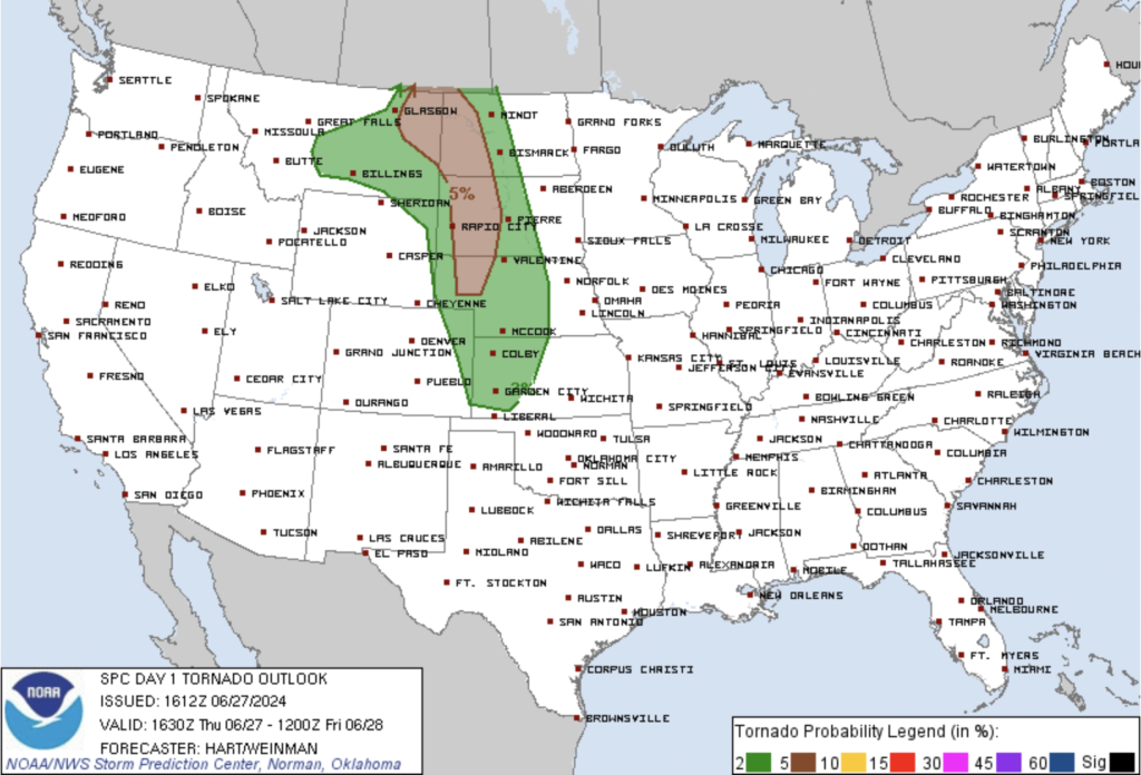 Day 1 Tornado Outlook for 6/27/24 indicating a 2% risk area over Colorado particularly over the far northeast corner. Courtesy of the SPC.