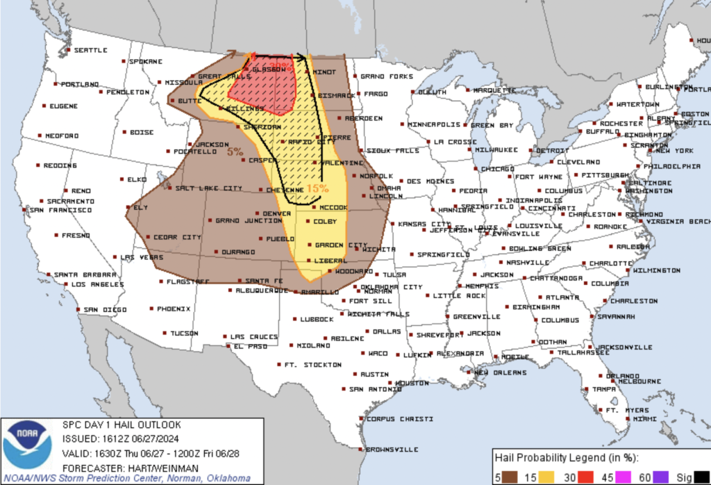 Day 1 Hail Outlook for 6/27/24 indicating a 5-15% chance of hail probability over Colorado with "significant" hatching over the far northeast corner. Courtesy of the SPC.