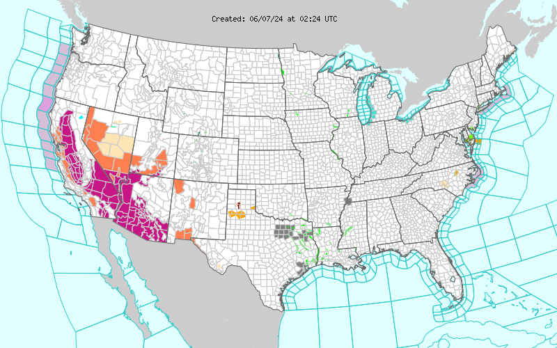 Map of the United States depicting current watches and warnings as of 6/6/24. Notably, much of the southwestern portion of the country are under Excessive Heat Warnings and Watches through the weekend.