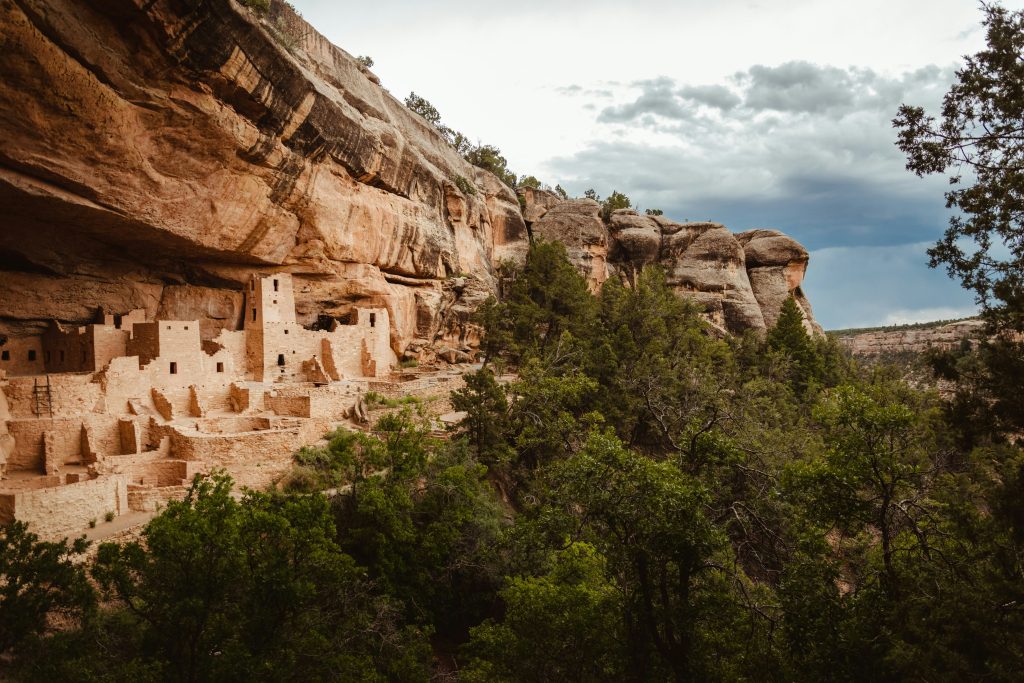 A photograph of Anasazi adobe structures at Mesa Verde National Park, CO, USA.