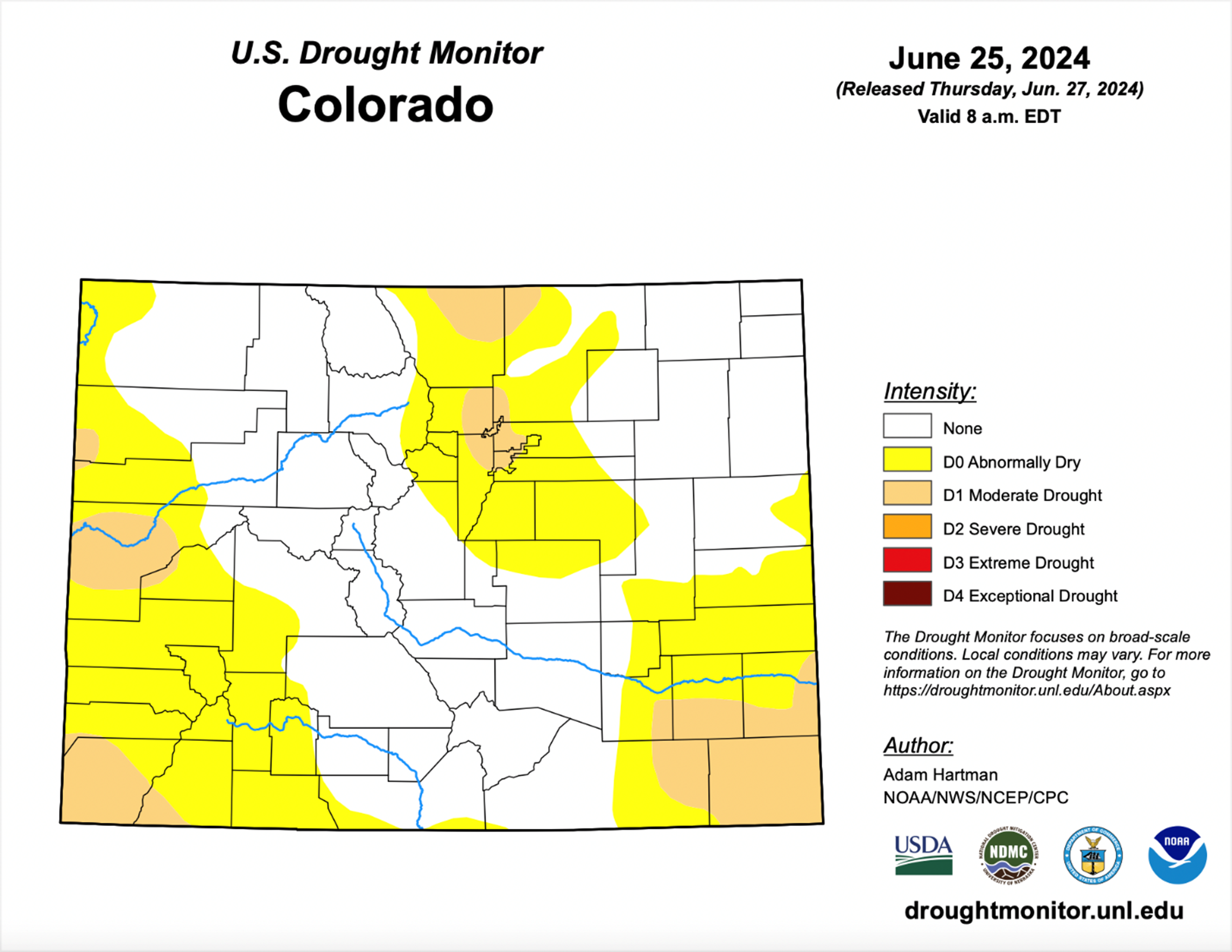 Drought Monitor Map of Colorado issued June 25, 2024.