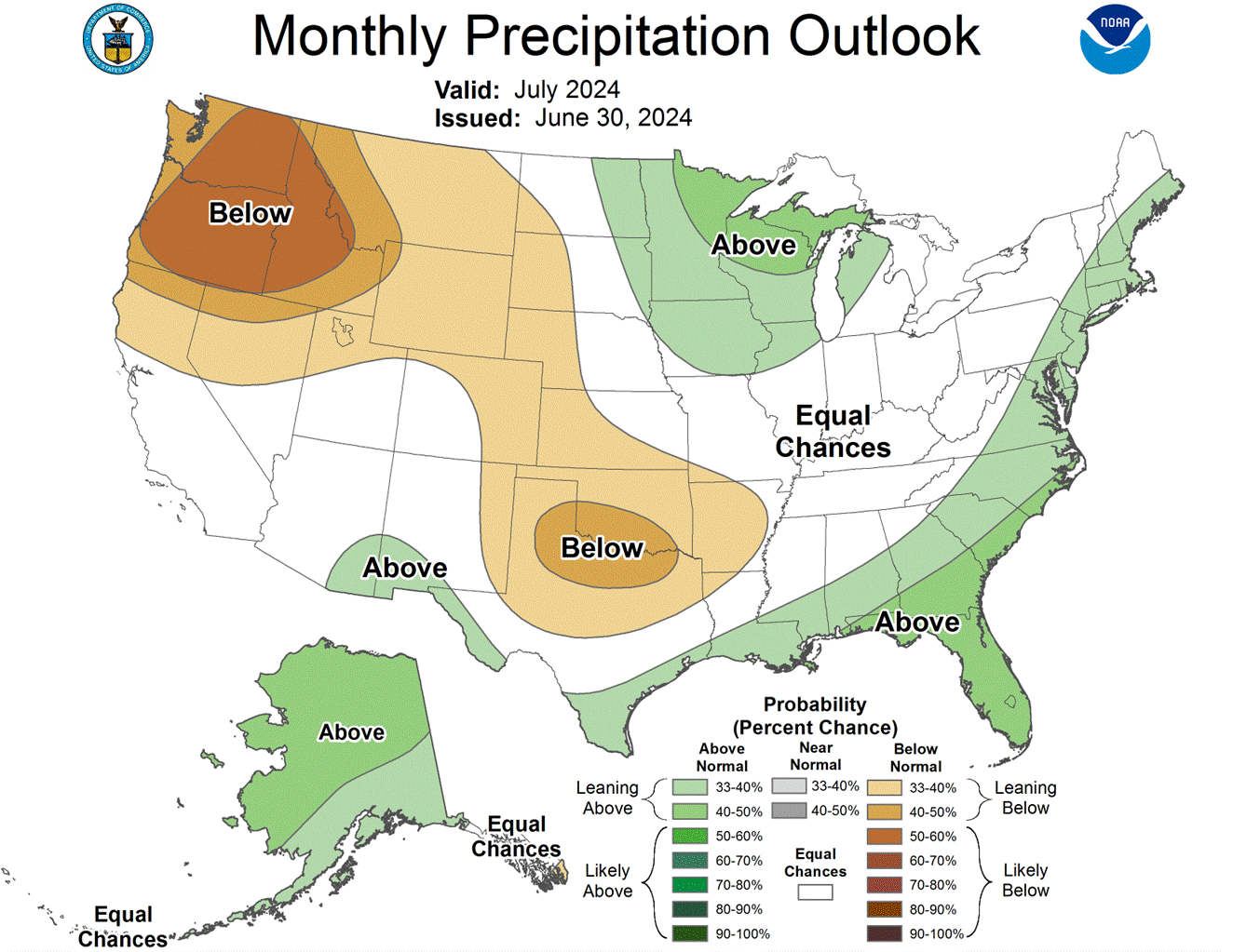 Precipitation Outlook Map of the US issued June 30, 2024.