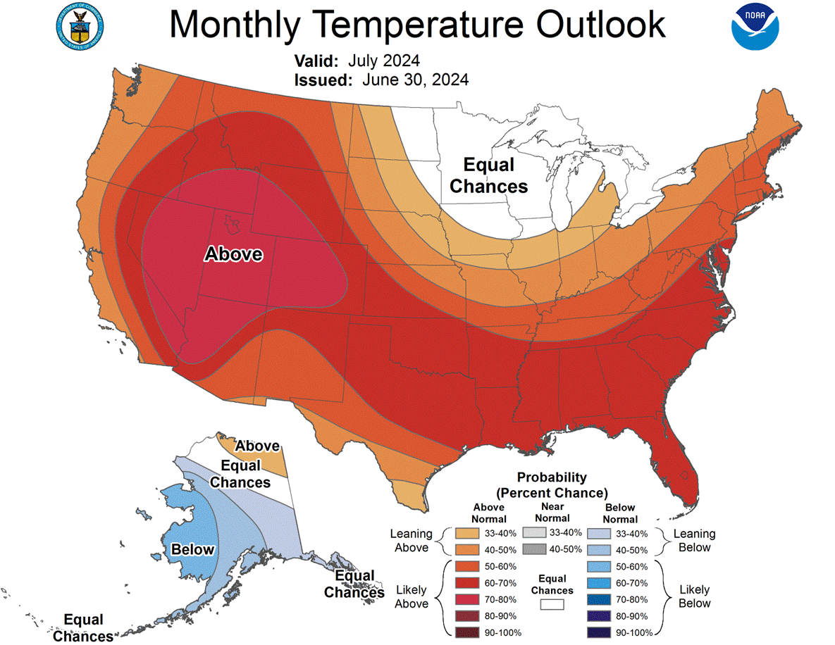 Temperature Outlook Map of the US issued June 30, 2024