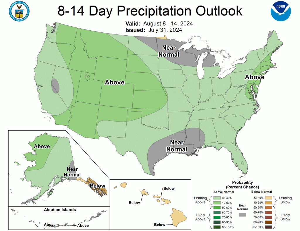 8-14 Day Precipitation Outlook depicting wetter conditions for Colorado. Courtesy of NOAA