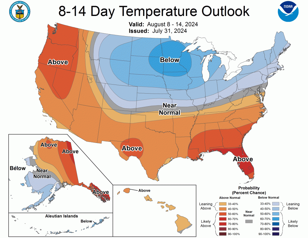 8-14 Day Temperature Outlook depicting cooler temperatures for Colorado. Courtesy of NOAA