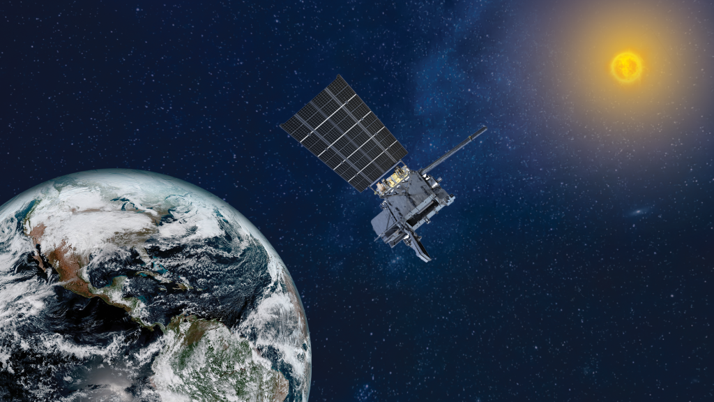 Artist's rendering of the GOES-U satellite in space between the Earth and Sun.