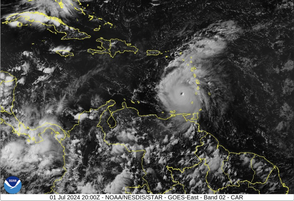 Satellite Image of Hurricane Beryl - Band 2 - 0.64 µm - Red - Visible - 01 Jul 2024 - 2000 UTC. Courtesy of NOAA