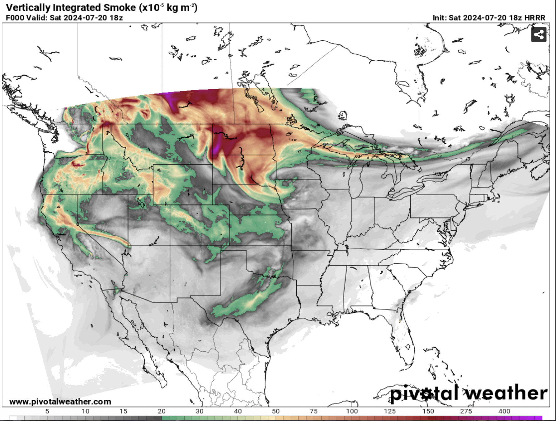 Vertically Integrated Smoke: Simulated total smoke mass within vertical columns over each model grid cell. Columns extend to ~25 kilometers above the ground. This product displays the total smoke load that includes smoke in the boundary layer as well as aloft, illustrating the integral amount of smoke throughout the atmosphere. Valid for 7/20/24 courtesy of Pivotal Weather