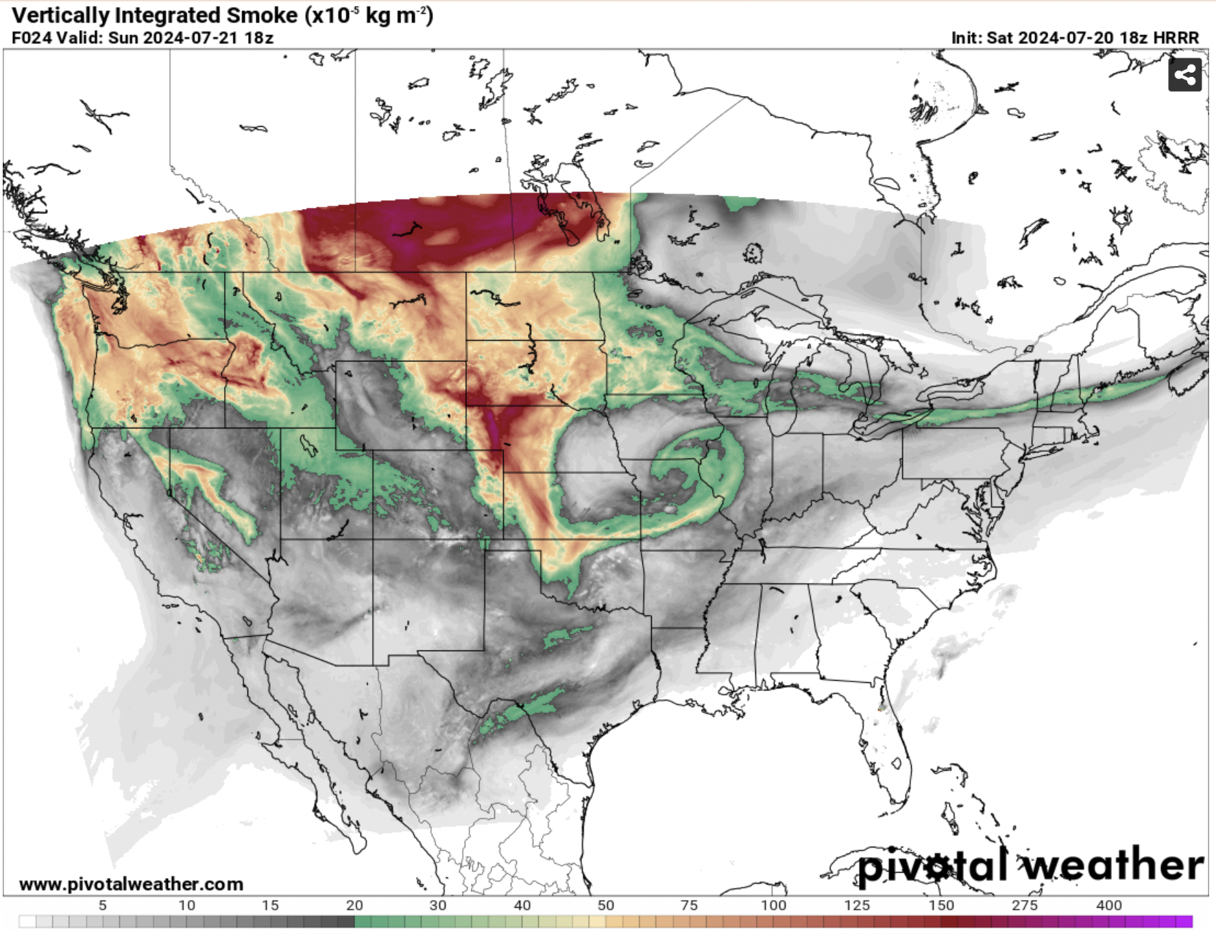 Vertically Integrated Smoke: Simulated total smoke mass within vertical columns over each model grid cell. Columns extend to ~25 kilometers above the ground. This product displays the total smoke load that includes smoke in the boundary layer as well as aloft, illustrating the integral amount of smoke throughout the atmosphere. Valid for 7/21/24 courtesy of Pivotal Weather