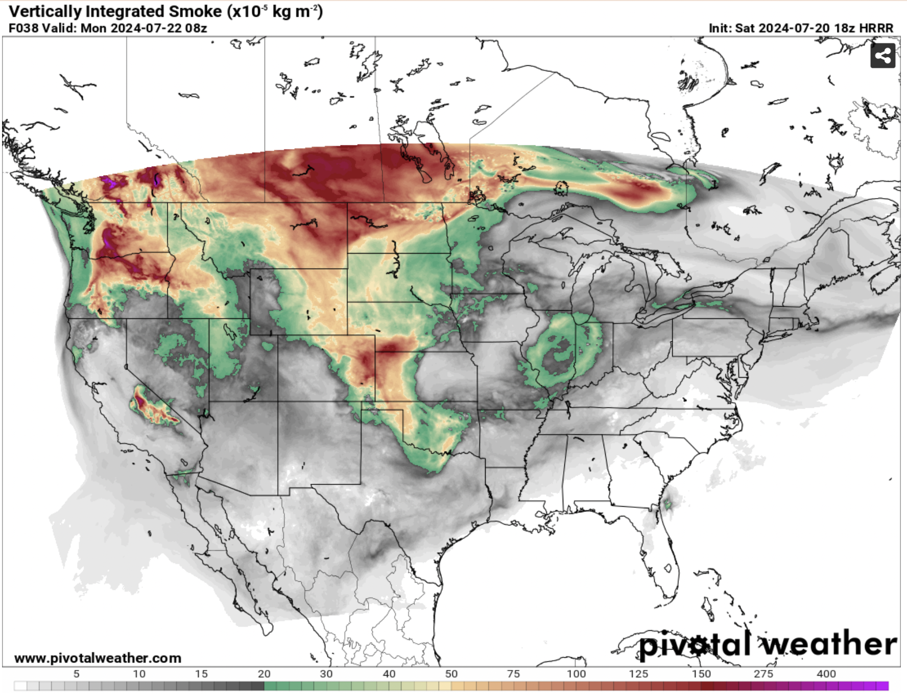 Vertically Integrated Smoke: Simulated total smoke mass within vertical columns over each model grid cell. Columns extend to ~25 kilometers above the ground. This product displays the total smoke load that includes smoke in the boundary layer as well as aloft, illustrating the integral amount of smoke throughout the atmosphere. Valid for 7/22/24 courtesy of Pivotal Weather