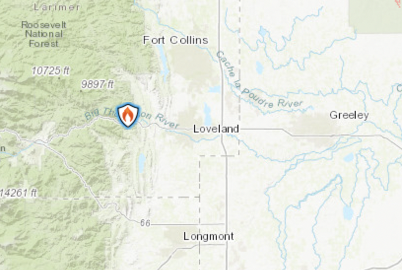 Alexander Mountain Fire currently just west of Loveland, CO. Courtesy of Incident Information INCI