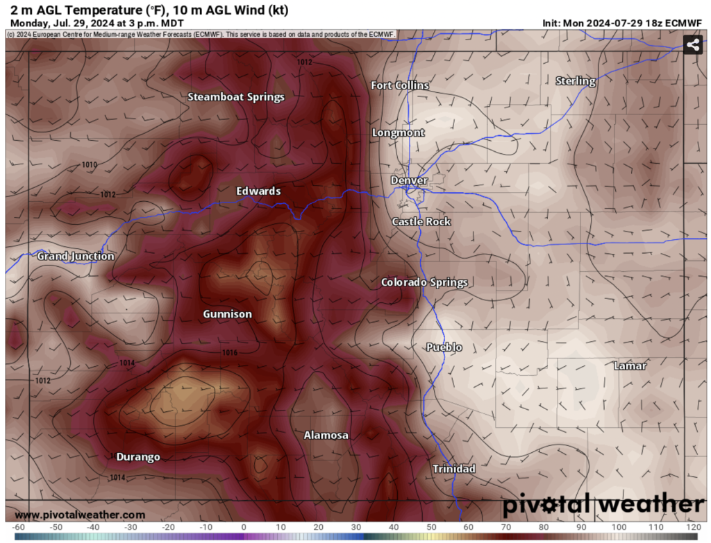 High temperatures and wind barbs for 7/30/24 at 3 PM per the 18Z ECMWF via Pivotal Weather