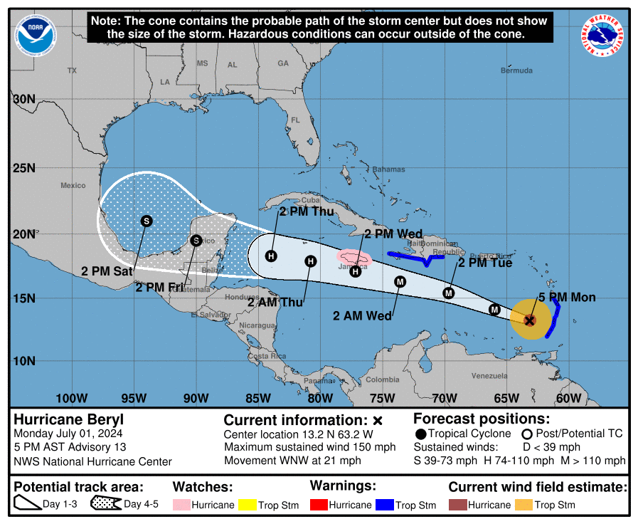 Hurricane Beryl predicted track cone with watches and warnings depicted in parts of the Caribbean. Beryl is expected to remain a major hurricane through Thursday.