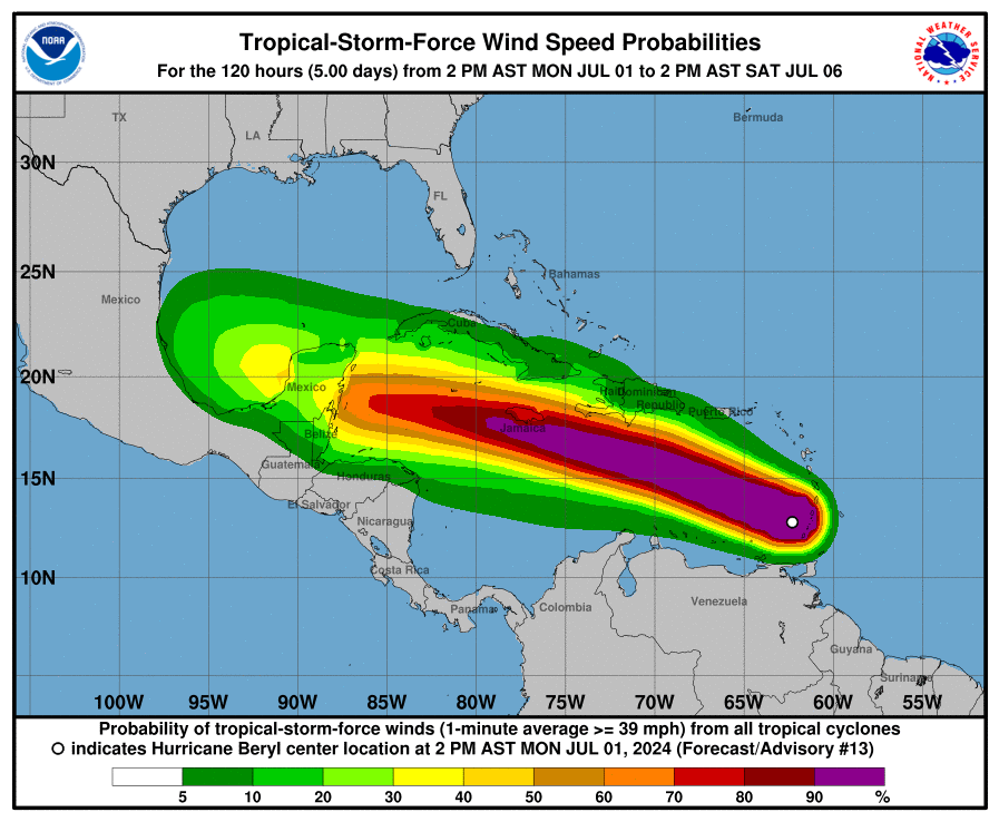 Predicted likelihood of Tropical Storm force winds for the next 120 hours. Courtesy of the NHC