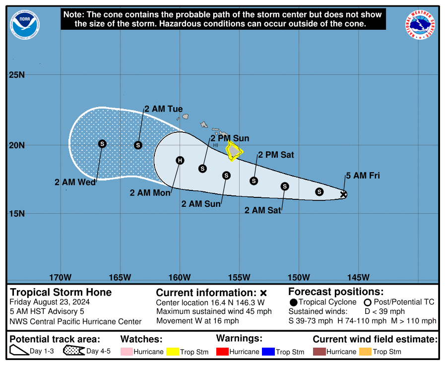 Current forecasted path for Tropical Storm Hone via the NHC