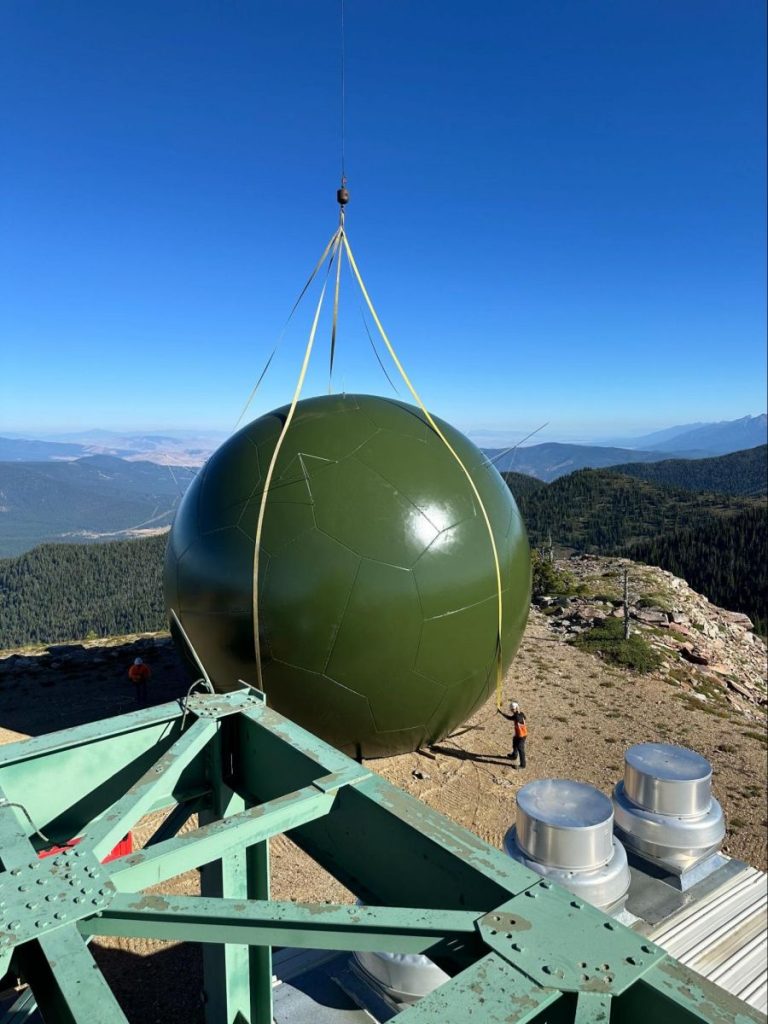 Technicians remove the radome for WSR-88D KMSX in Missoula, Montana to access radar components for the Service Life Extension Program. August 1, 2024 (Image and Caption Credit: NOAA/NWS)