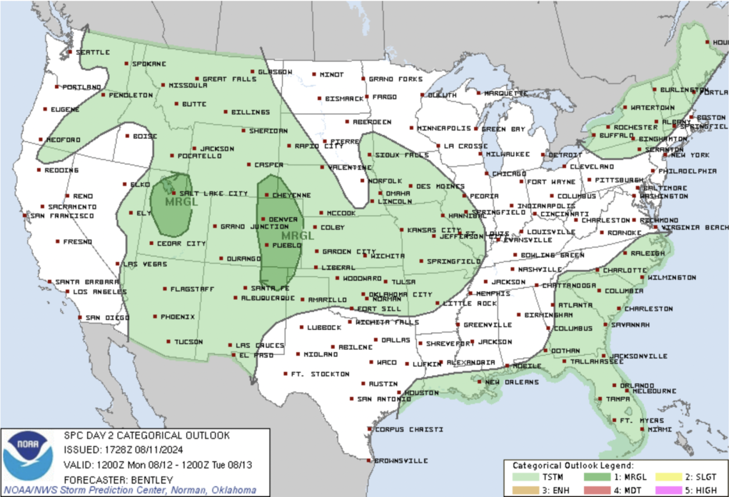 Day 2 Severe Weather Outlook by the SPC depicting a Marginal Risk for Colorado