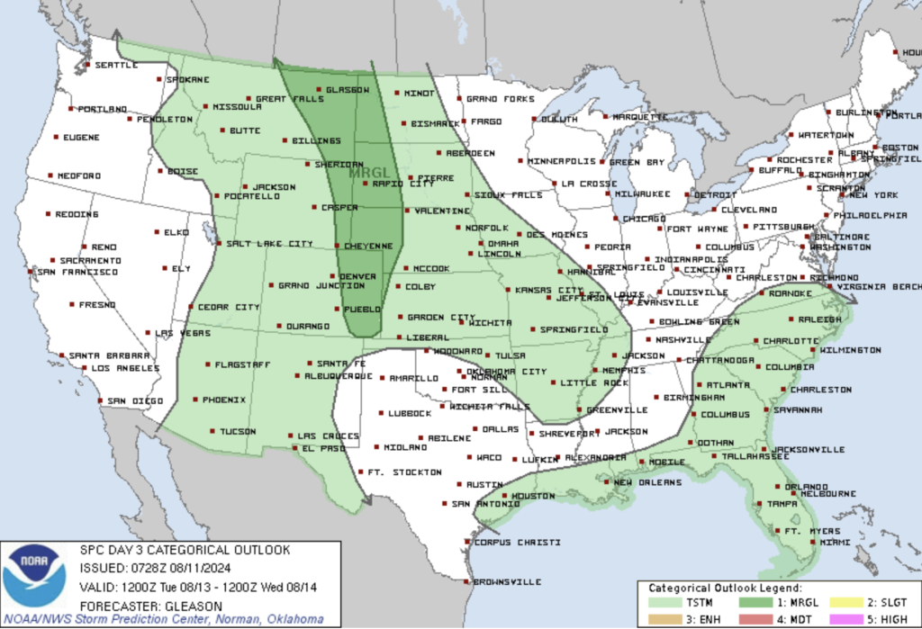 Day 3 Severe Weather Outlook by the SPC depicting a Marginal Risk for Colorado