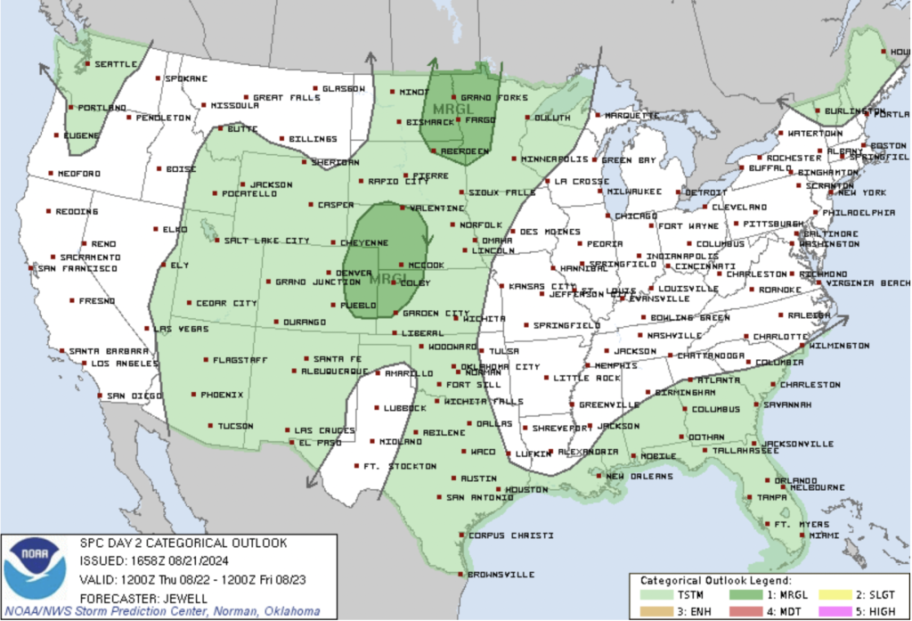 Day 2 Convective Outlook depicting a Marginal Severe Weather area over parts of Colorado