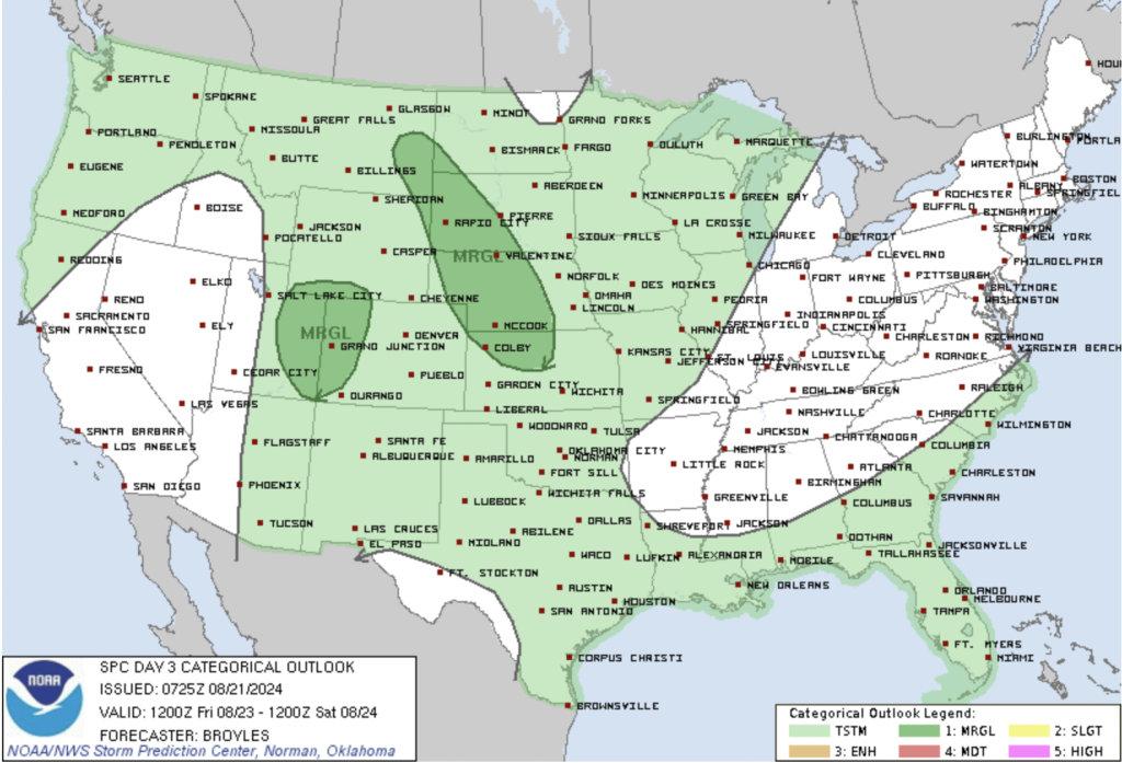 Day 3 Convective Outlook depicting a Marginal Severe Weather area over parts of Colorado