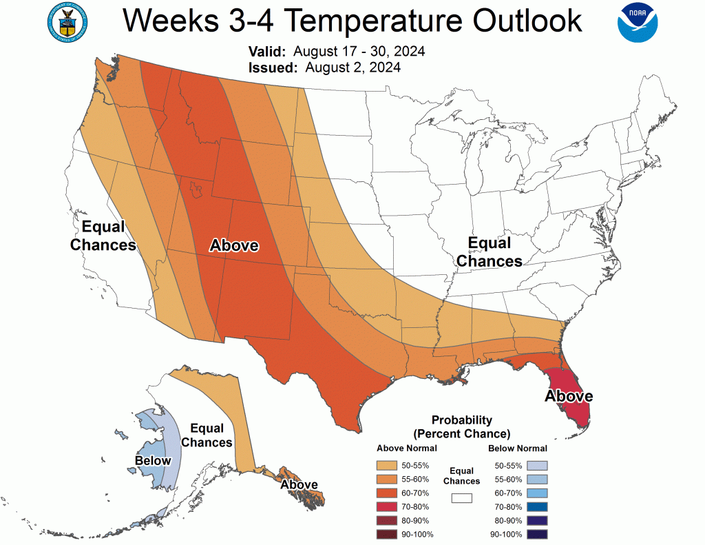 Climate Prediction Center temperature outlook for the end of August.