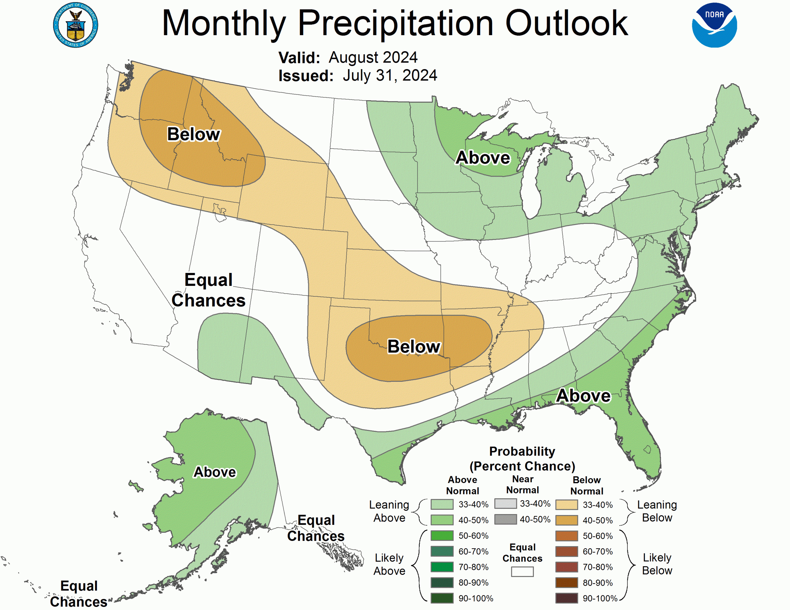 August Precipitation Outlook depicting slightly below average precipitation for Colorado. Courtesy of NOAA