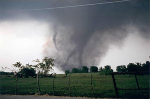 An infamous photo of meso-scale vortices within the Jarrell F5 tornado