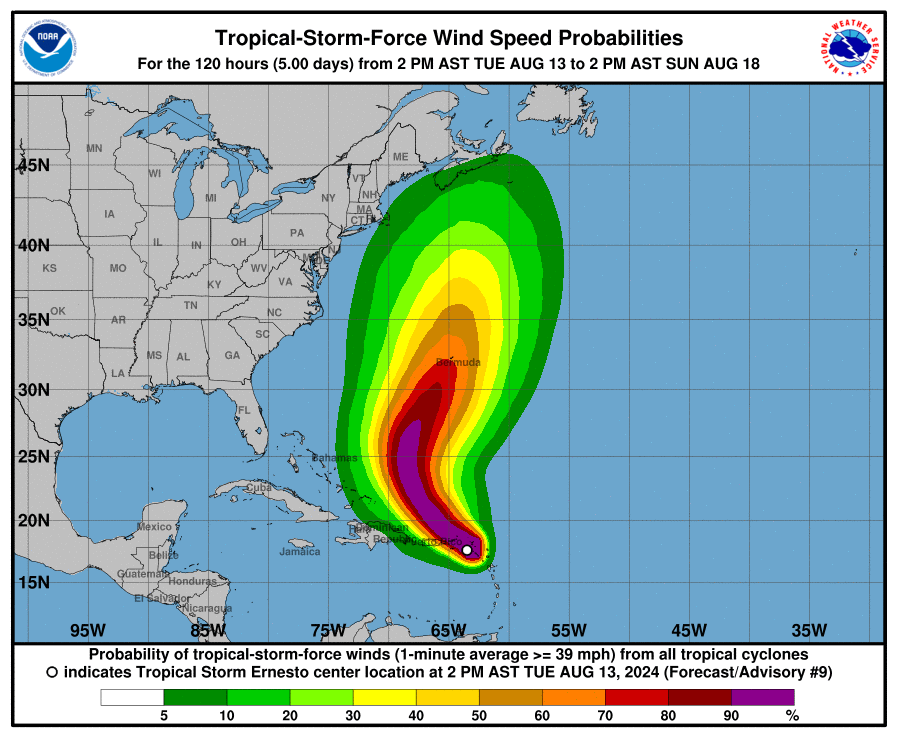 Tropical storm force wind probabilities over the next 120 hours - Courtesy of NOAA