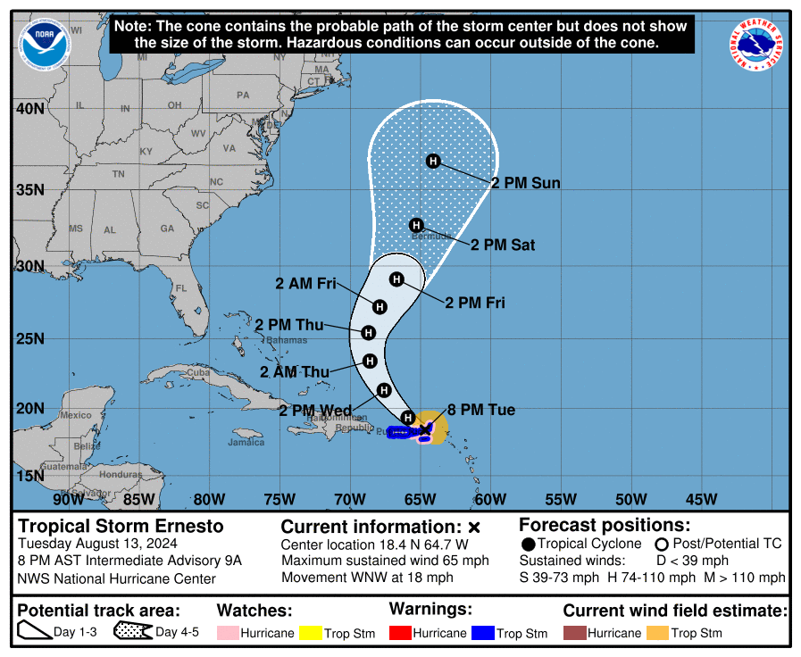 Predicted path of Ernesto, timing of hurricane transformation as well as watches and warnings - Courtesy of NOAA