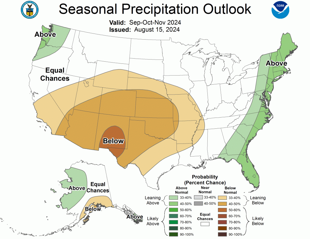 Precipitation outlook map for the United States, indicating areas with above-normal, near-normal, and below-normal precipitation probabilities for September through November 2024. Courtesy of NOAA