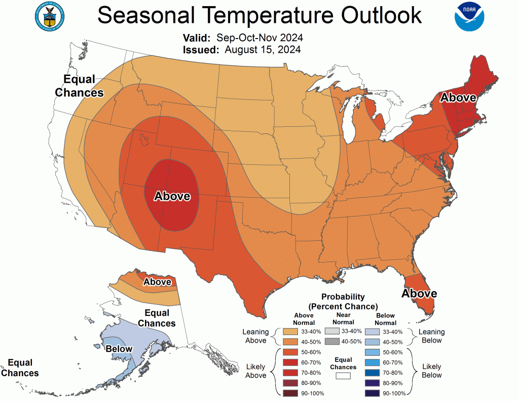 Temperature outlook map for the United States, showing areas with above-normal, near-normal, and below-normal temperature probabilities for September through November 2024. Courtesy of NOAA