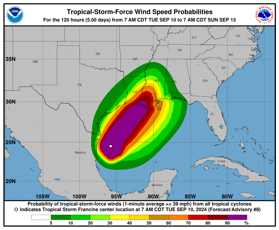 Tropical Storm force wind probability over the next 120 hours - courtesy of the NHC