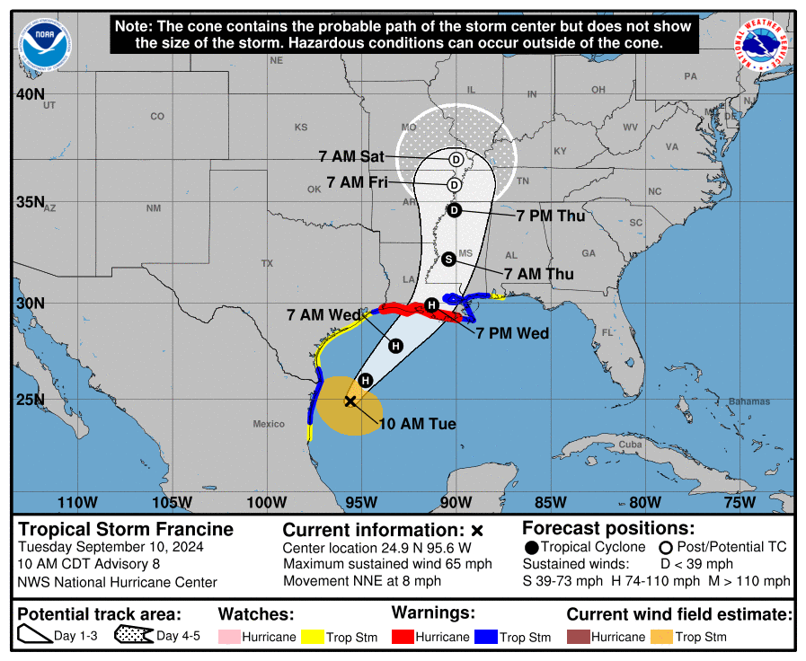 Projected path and current watches/warnings over the next 120 hours - courtesy of the NHC