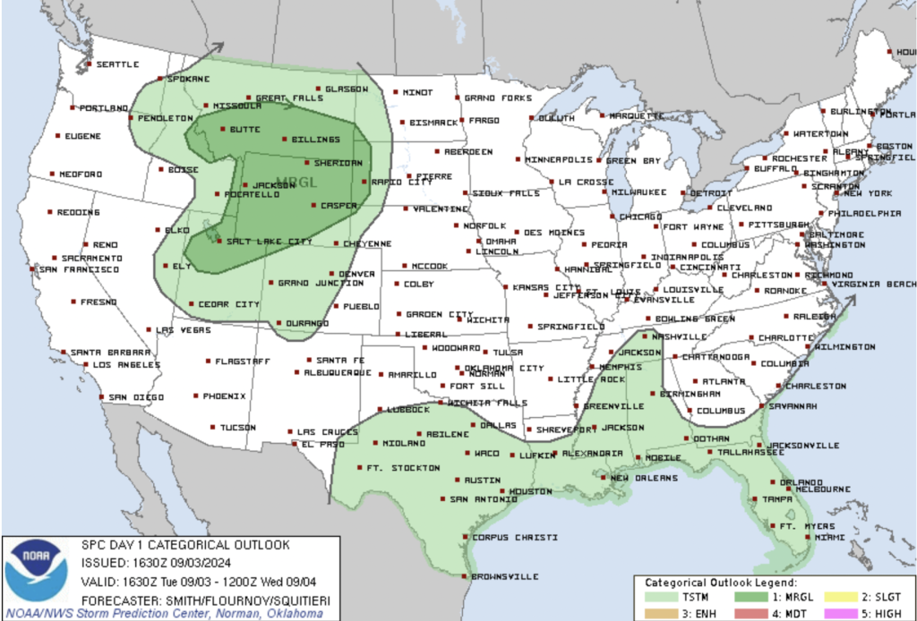 Day 1 Severe Weather Outlook depicting a small Marginal area over the Northern Rockies - courtesy of the SPC