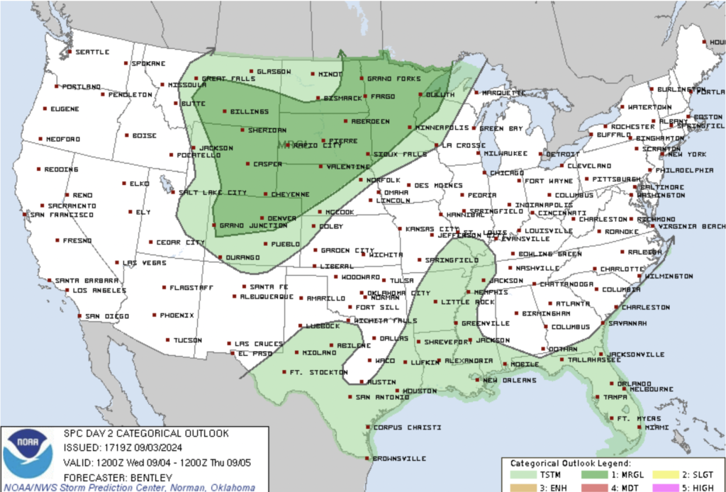 Day 2 Severe Weather Outlook depicting a large Marginal area over the Northern Rockies - courtesy of the SPC