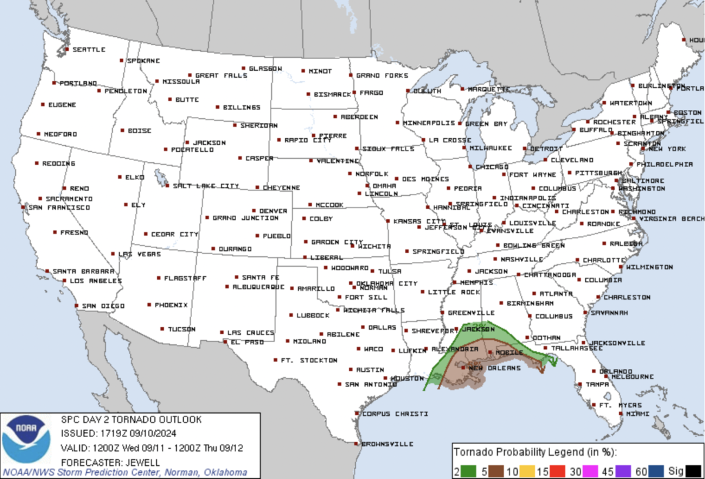 Day 2 Tornado Outlook depicting a 5% risk in portions of LA, AL, and MS - courtesy of the SPC