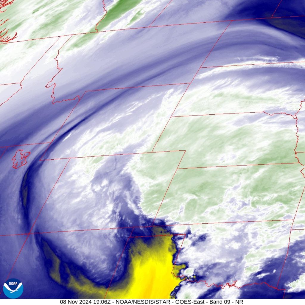 GOES-16 image of Mid-Level Water Vapor over the West-Central US valid 11/8/24 19Z. Courtesy of NOAA