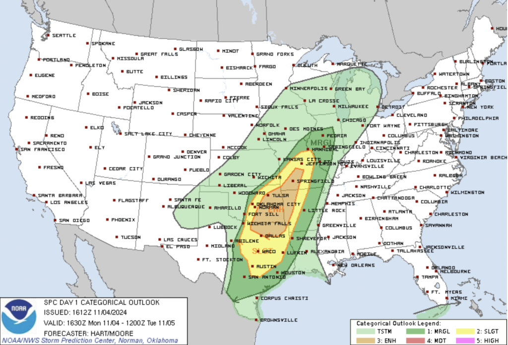 Day 1 Severe Weather Outlook with an Enhanced area in OK, TX, MO, and AK. Courtesy of the SPC