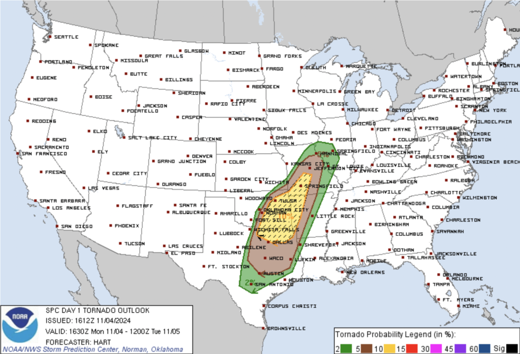 Day 1 Tornado Outlook with a 10% hatched area in OK, TX, MO, and AK. Courtesy of the SPC