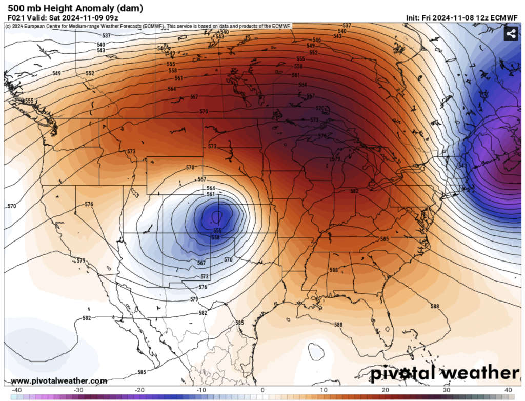 500mb Height Anomaly depicting the disturbance responsible for significant snow and severe weather for the West-Central US. Valid 11/9/24 9Z via the 12Z ECMWF. Courtesy of Pivotal Weather