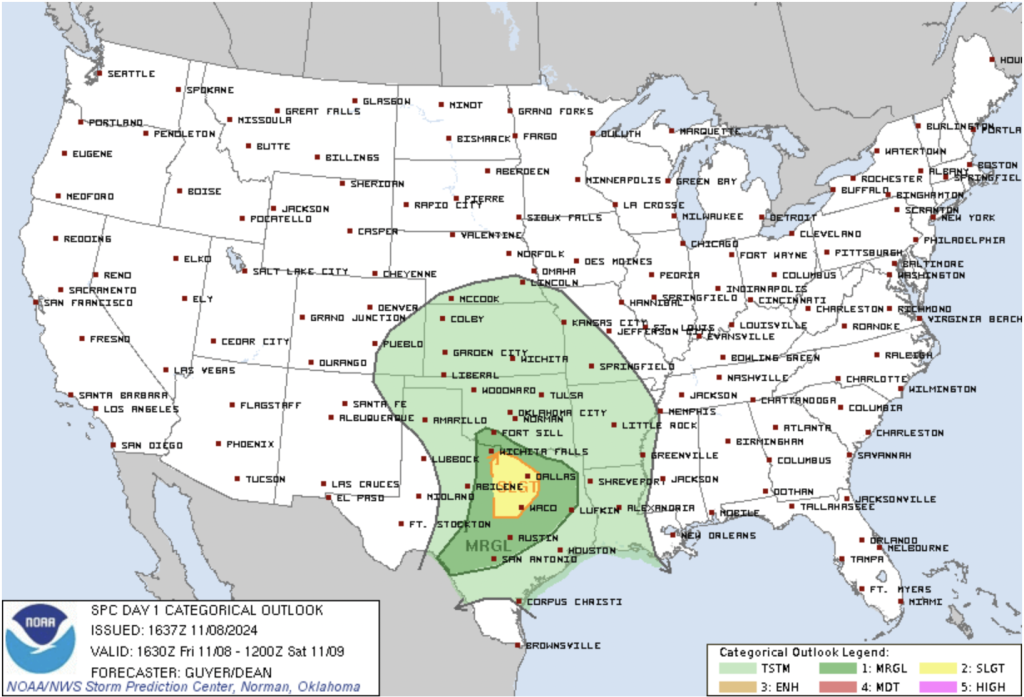 Day 1 Convective Outlook depicting a Slight Chance of severe storms in East-Central Texas. Courtesy of the SPC