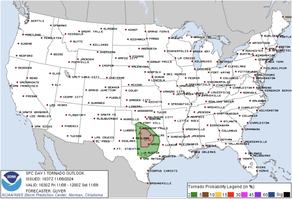 Day 1 Tornado Outlook depicting a 5% Probability in East-Central Texas. Courtesy of the SPC