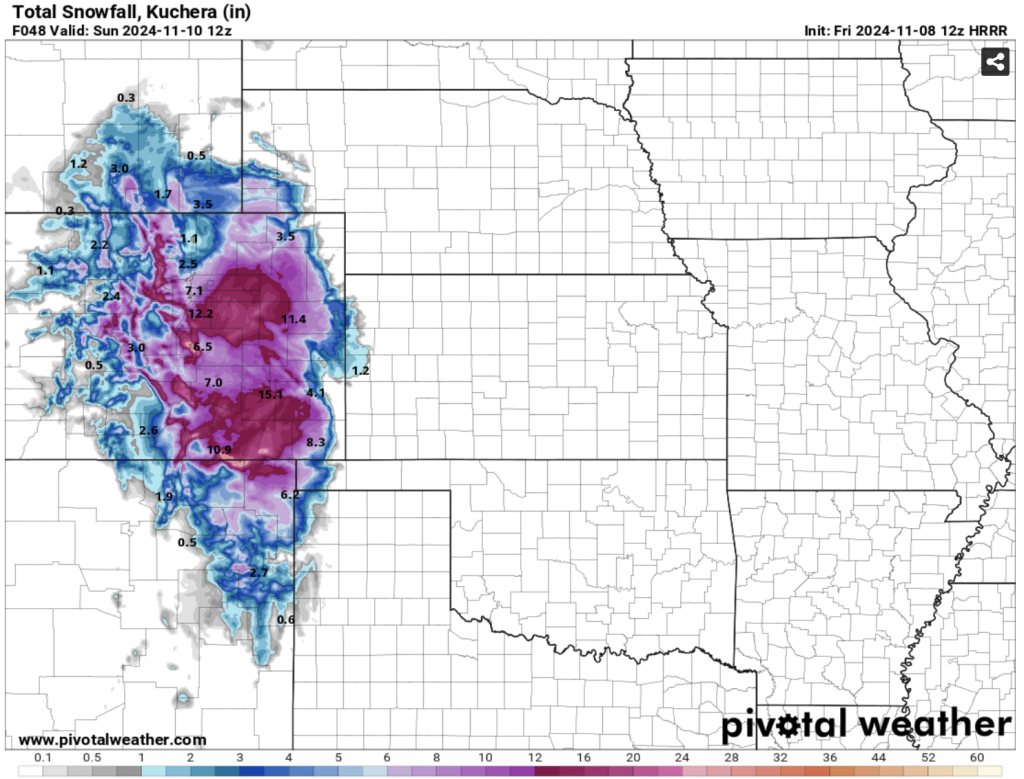 Total Snowfall (Kuchera) from now through the weekend depicting significant snowfall totals up to 3ft in certain areas of Colorado. Valid 11/10/24 12Z via the 12Z HRRR. Courtesy of Pivotal Weather