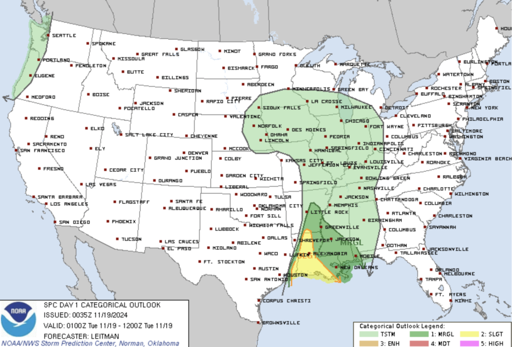 Day 1 Severe Weather Outlook depicting a Slight risk area over parts of LA, TX, and AR. Courtesy of the SPC.