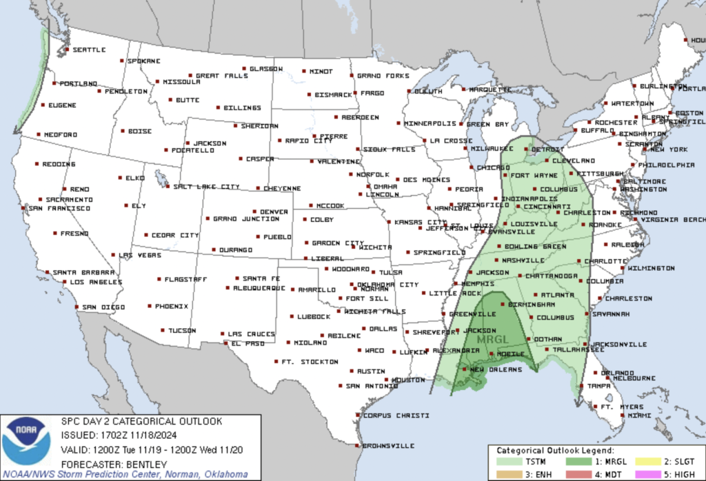 Day 2 Severe Weather Outlook depicting a Marginal risk area over parts of LA, MS, FL, and AL. Courtesy of the SPC.