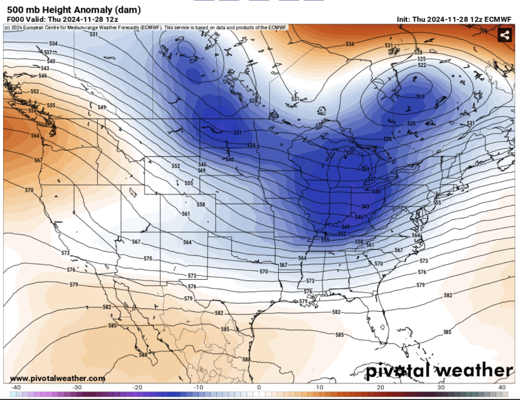 ECMWF 500mb Height Anomaly valid 11/28/24 12Z depicting a disturbance over the east-central United States. Courtesy of Pivotal Weather