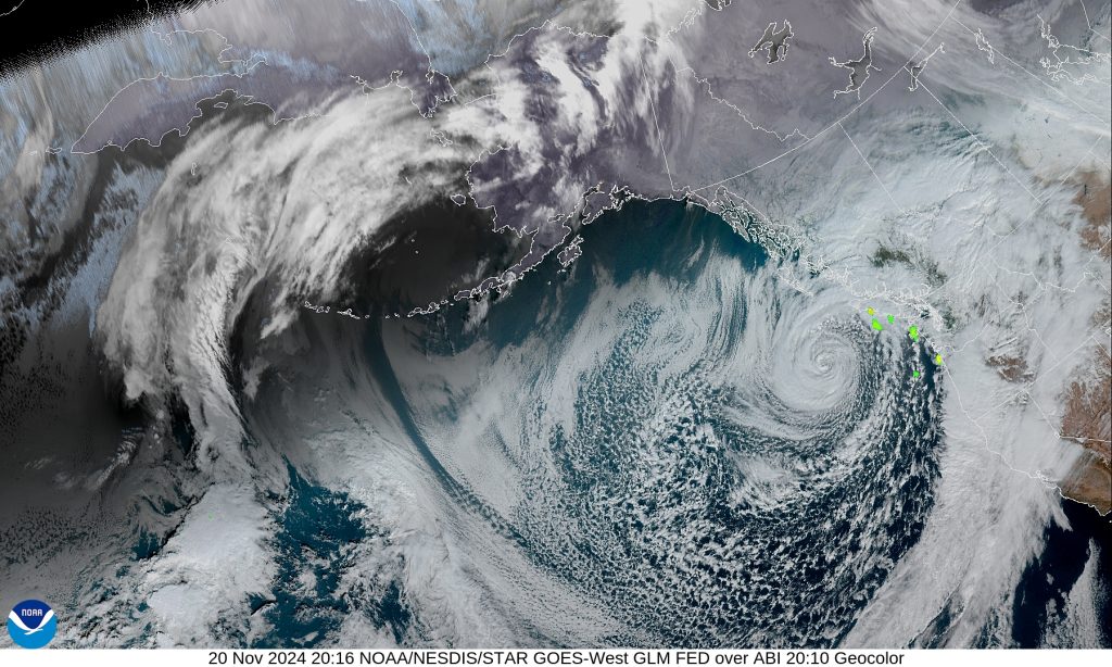 Bomb Cyclone Satellite Image valid 11/20/24 20:16 via GOES-West. Courtesy of NOAA